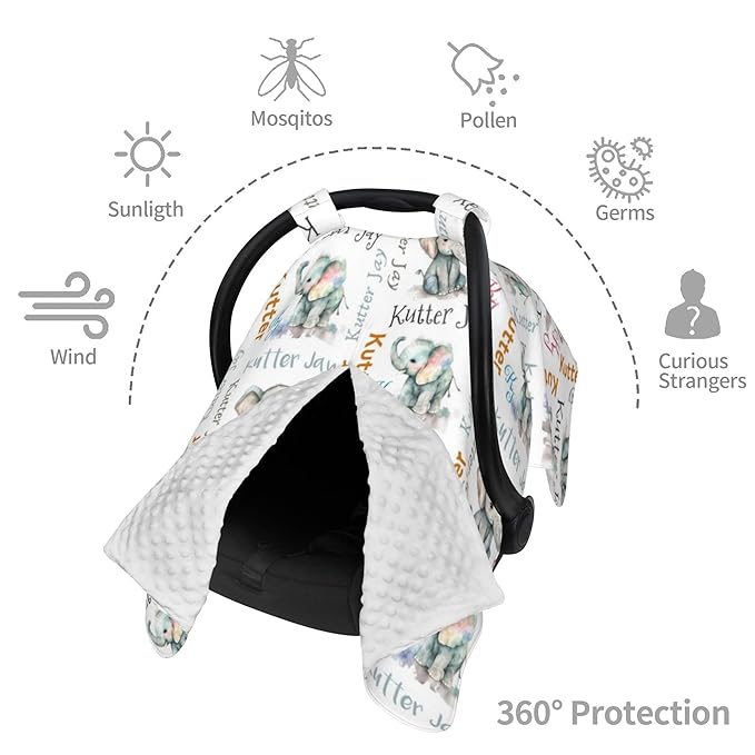 Personalized Winter Carseat Cover for Baby Custom Name Car Seat Canopy for Newborn Baby Boys Girls 2 in 1 Mom Nursing Breastfeeding Covers Elephant Minky Baby Carrier Stroller Covers