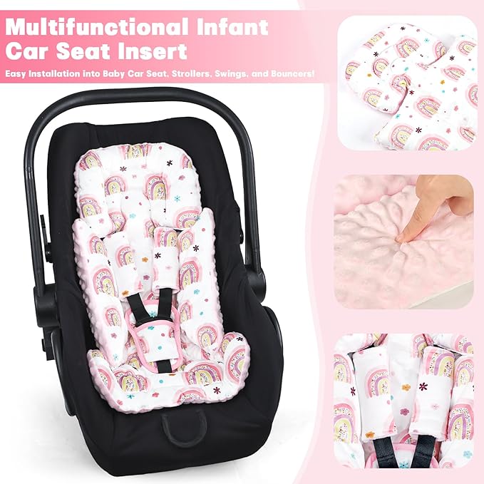 Pea Pod Infant Car Seat Insert with 3 Strap Covers, Reversible Baby Car Seat Head and Body Support, Minky Dot Newborn Carseat Insert for Preemie (Cute Rainbow)