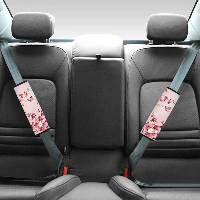 AFPANQZ Auto Seat Belt Covers for Adults Children 2 Pack Safety Seatbelt Pad Cushion Kit Butterfly Peach Blossom Universal Daiper Bag Backpack Shoulder Straps Pads Comfortable Universal