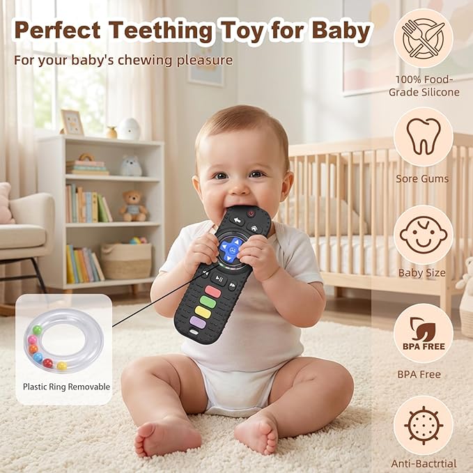 HAILI XMGQ Teething Toys for Baby, Sensory Baby Chew Toy, Rattle Ring Teether Toys for Babies 0-3-6-12 Months, Silicone TV Remote Control Shape for New Baby Gift (Black)