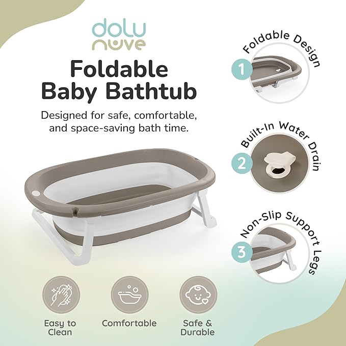 Dolu Nuve Foldable Baby Bathtub, Collapsible Infant and Toddler Bath Tub with Non Slip Feet, Portable Design for Bathroom or Travel, Stone Grey