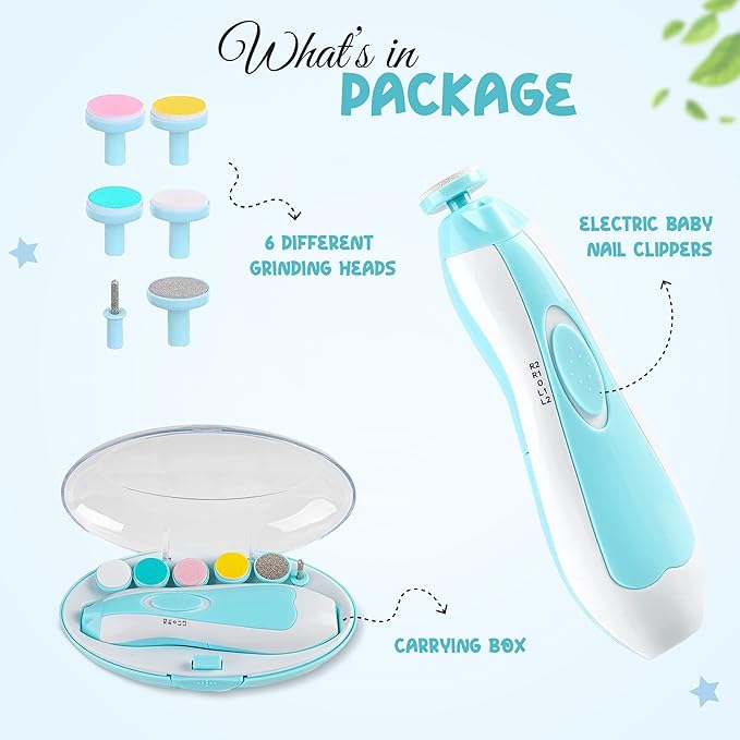 6 in 1 Baby Nail Clippers & File Kit - Nail Trimmer Electric with LED Light & 6 Replaceable Grinding Heads for Safe & Easy Finger & Toe Nail Care & Polish of Babies, Infants, Toddlers, Kids & Newborn