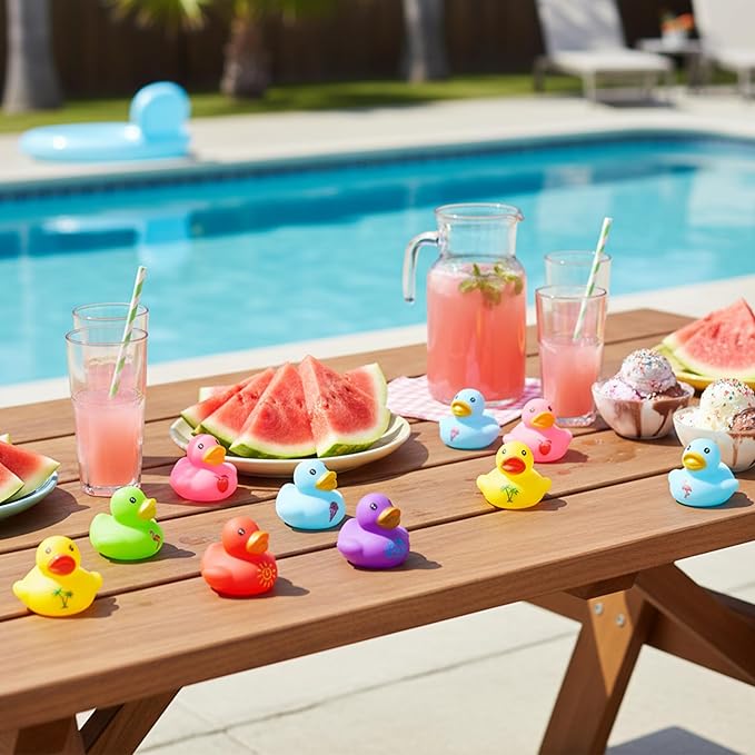 Haooryx Summer Mini Rubber Ducks - 60Pcs Hello Summer Ducky Squeak Bathtub Float Bath Toy Novelty Squeak Duck for Kids Holiday Party Decor Classroom Reward Birthday Gift Baby Shower Party Favor Supply