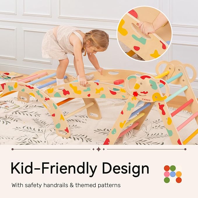 WINGYZ Pikler Triangle Set, Montessori Foldable 8-in-1 Jungle Gym & Reversible Animal Slide, Patent-Protected Climbing Set, Safe 2.35" Gap ASTM F963 Standards for Toddlers 18 Months-7 Years (Rainbow)
