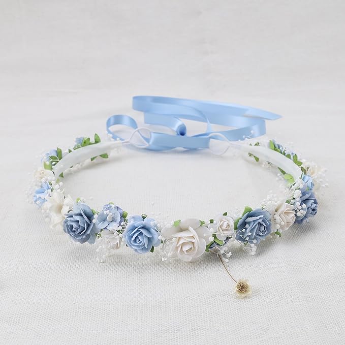 Dusty Blue Flower Girl Crown with Baby's Breath Children Baby Headpiece Young Girl Floral Hair Wreath Rustic Wedding Halo Hair Accessories Headband for Child(43cm length)