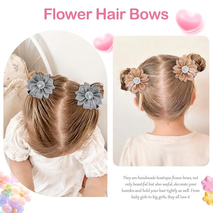 OAOLEER 40PCS 2” Flower Baby Hair Bows Clips, Mini Satin Floral Toddler Bows with Rhinestone Hair Accessories for Girls Toddlers Infants (40pcs Flower Bows-C)
