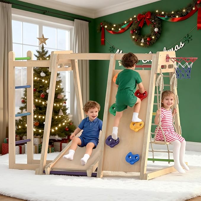OLAKIDS Indoor Jungle Gym, 9 in 1 Wooden Montessori Baby Climbing Toys with Adjustable 2 Swings Ramp, Monkey Bar Basketball Hoop Ladder Climb Net (Colorful)