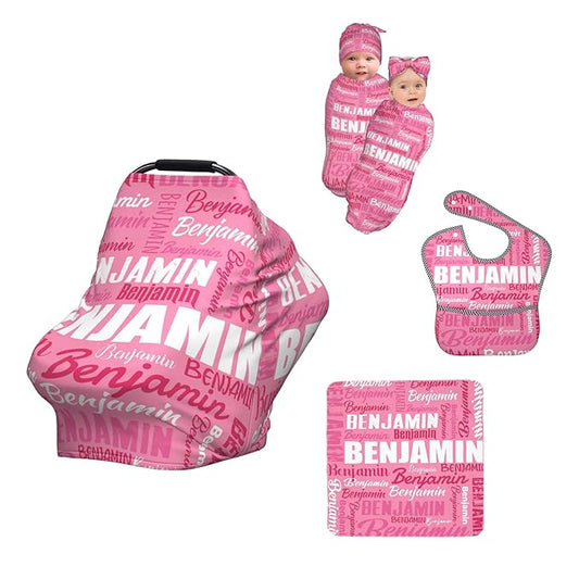 Personalized Baby Car Seat Cover for Boys Girls, Custom Monogram Nursing Covers for Breastfeeding with Name, Infant Stroller Cover, Optional Baby Bib, Baby Swaddle Set for Newborn Infant