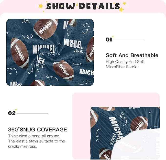 Personalized Pack 'N Play Sheets - Custom Football Baby Mini Crib Sheets for Boys & Girls, Fitted Sheet with Name, Soft and Breathable Material