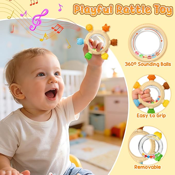 Teething Ring Toys 3-6 Months, BPA-Free Silicone Infant Rattle Teethers for Babies 6-12 Months, Baby Essentials Teething Relief Sensory Chew Toys, Baby Gifts for Boys and Girls