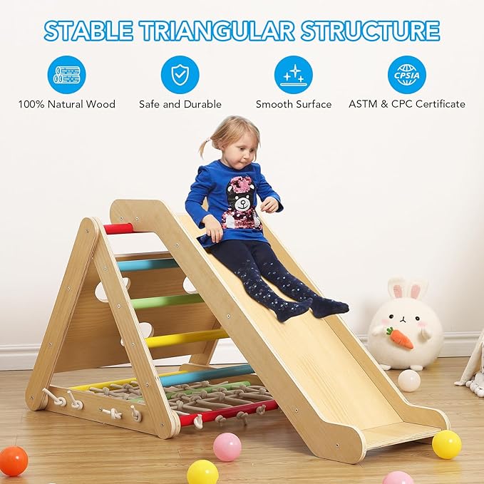 Toddler Indoor Gym Playset, 2 in 1 Wooden Climbing Toys, 3-Sided Wooden Triangle Climber with Climbing Net,Sliding Ramp, Sandbags & Board for Kids Boys Girls Indoor Gym Playset Gift,Home & Daycare