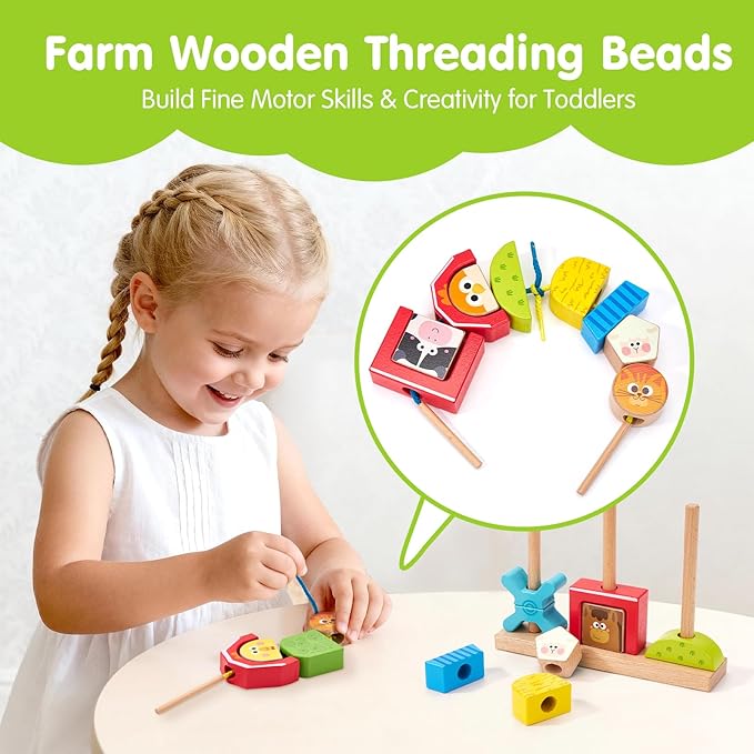hahaland Montessori Wooden Brain Building Block for Toddler 1-3 Stacking Toy Day & Night Puzzle Game with 24 Challenges Toddler Lacing Stringing Beads for Ages 1 2 3 Preschool Learning Activities