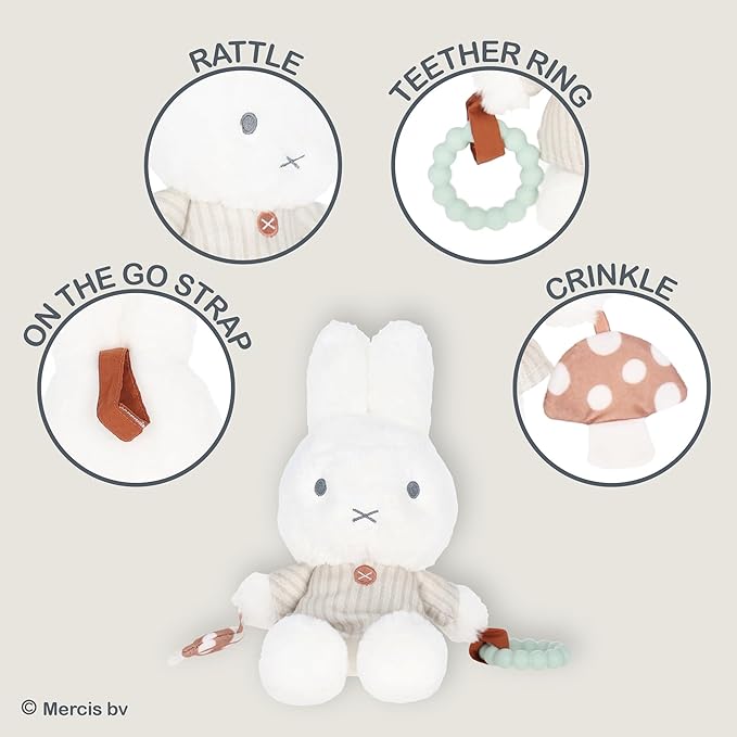 Kids Preferred Miffy Baby Ragdoll Activity Toy - Super Soft Fabric, Teether Ring, Crinkle & Rattle, On-The-Go Clip, Ages 0 Months and up, 10 inches