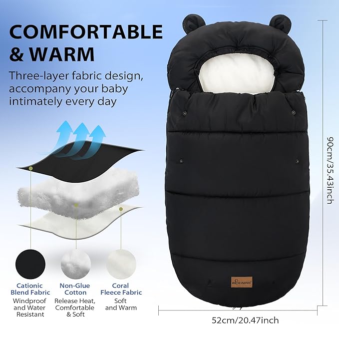 Universal Footmuff for Stroller, Baby Bunting Bags, Winter Windproof Warm Pram Footmuffs, Water Resistant Sleeping Bag with Hood for Strollers, Pushchairs, Prams, Car Seat, 35.4"*20.5"(Pure Black)