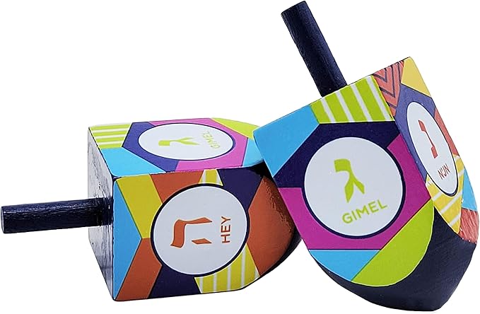 The Dreidel Company Extra Large Hand Painted Wood Hanukkah Dreidels, 4-Pack Retro Dreidel Design