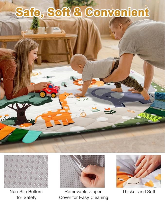 TINYHARBO Premium Foam Baby Play Mat 50x50, 4 Developmental Zones Play Mat with Removable & Machine Washable Cover, Extra Thick Padding Playpen Mat, Easy to Clean for Infants, Toddlers & Babies