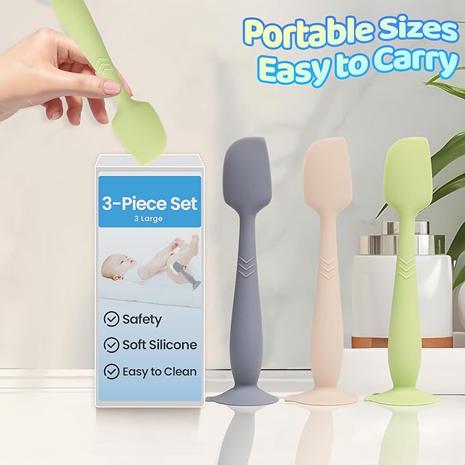 3-Pack Diaper Cream Spatula - Soft Silicone Butt Paste Spatula with Full-Size Applicators, Diaper Rash Cream Applicator for Newborn Baby Essentials (Green, Beige, Gray)