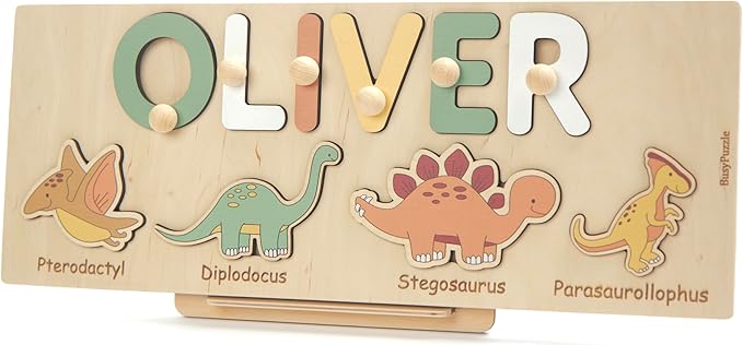 Name Puzzle with Dinosaurs Name Puzzle for 1 Year Old Busy Board Montessori Toys Baby Shower Baby Toy Personalized Gifts for Baby Handmade Puzzles