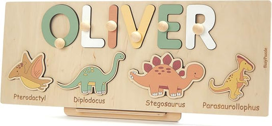 Name Puzzle with Dinosaurs Name Puzzle for 1 Year Old Busy Board Montessori Toys Baby Shower Baby Toy Personalized Gifts for Baby Handmade Puzzles