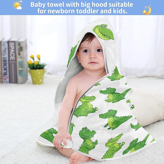 Pigsaly Cartoon Alligators Hooded Baby Towel Green Crocodiles Baby Bath Towel Unisex Soft Organic Cotton Washcloths Toddlers Shower Gifts for Boys Girls Newborn 30 x 30 in