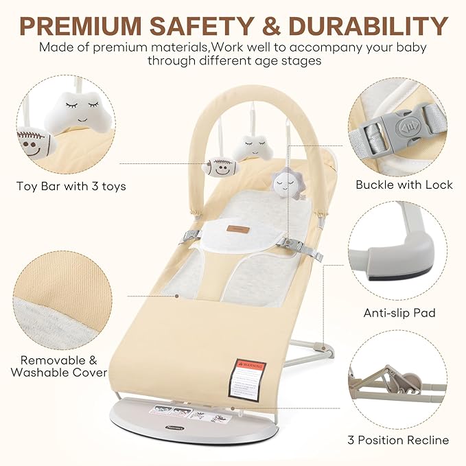 Baby Bouncer, Foldable Infant Bouncer Seat with 3 Adjustable Heights, 0-18 Months, Portable Baby Bouncer with Soft Cotton Fabrics, Lightweight & Easy to Wash