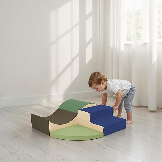 FDP SoftScape Curvy Corner Climber, Indoor Active Play Structure for Toddlers and Kids, Safe Soft Foam for Crawling and Sliding, 4-Piece Set - Earthtone