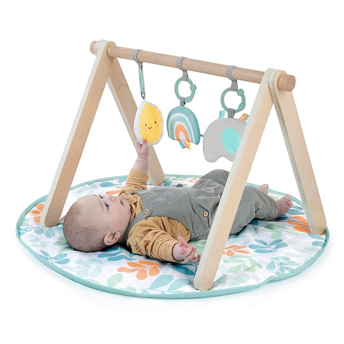 Ingenuity Sun Valley Wooden Baby Play Mat, Foldable A-Frame Bar, Machine-Washable Mat, Unisex, for Ages 0-36 Months