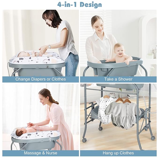 HONEY JOY 2-in-1 Baby Bathtub & Changing Table, Foldable Infant Diaper Changing Station with Wheels, Storage Tray, Waterproof Pad, Portable Newborn Nursery Organizer Bath Stand for Boys Girls (Gray)