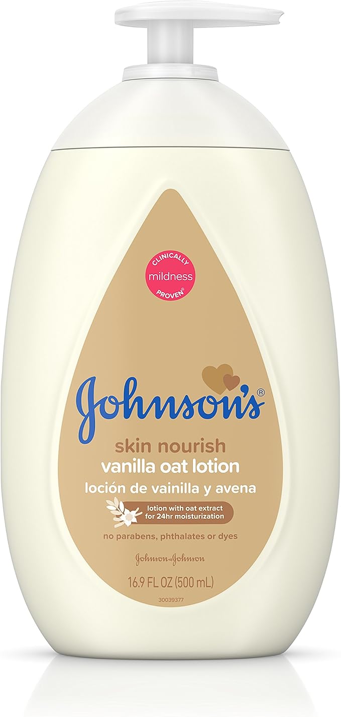 Johnson's Baby Moisturizing Lotion with Nourishing Vanilla & Oat Extract for Dry Skin Hypoallergenic and Dermatologist-Tested, 16.9 Fluid Ounce