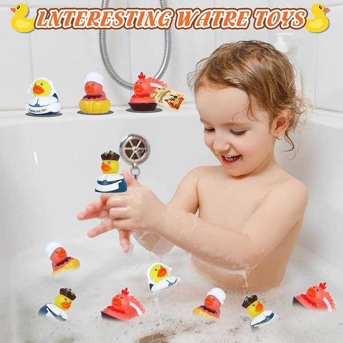 12 PCS Rubber Ducks Bulk Set with 12 Thank You Cards & Bands, Mini Rubber Ducks, Multi-Use Bath Toys and Party Favors for Kids, Ideal for Children