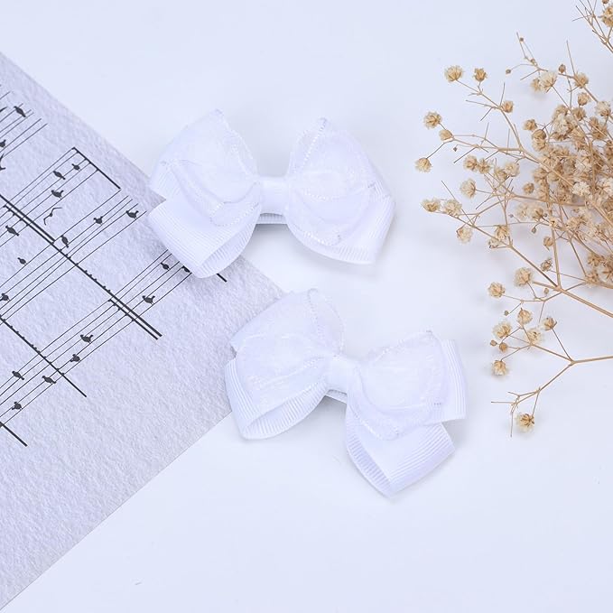 Tiny 3 Inch Organza Double Hair Bow Clips - Lined Boutique Alligator Hairpin for Baby Girls, Toddlers, and Little Teens - Kids Barrettes Set of 2 Small Stylish (White)