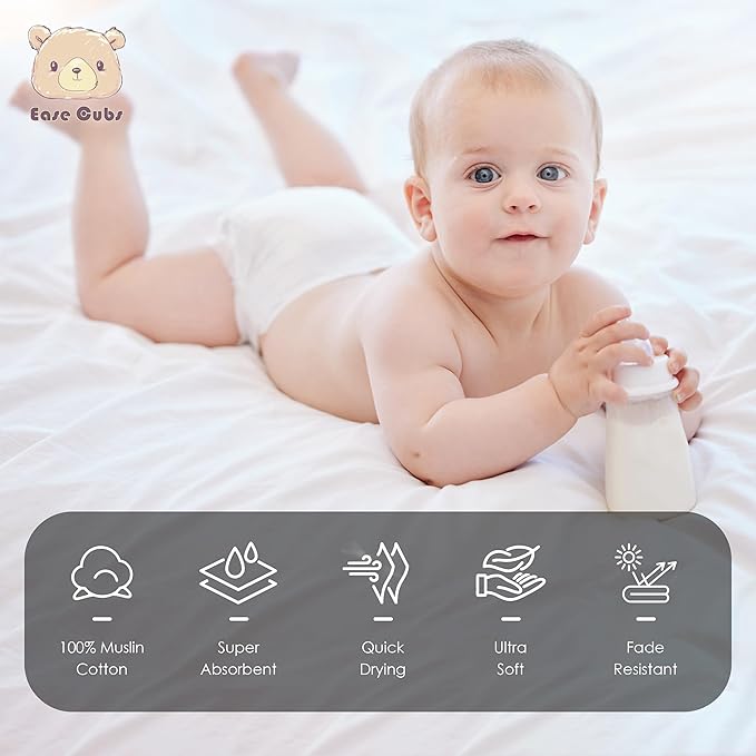 Ease Cubs 12 Pack Muslin Washcloths for Baby - 100% Cotton Baby Wash Cloths for or Baby Face Body Comfy and Soft for Newborn Infants Kids Girls and Boys - 12"x12" - White
