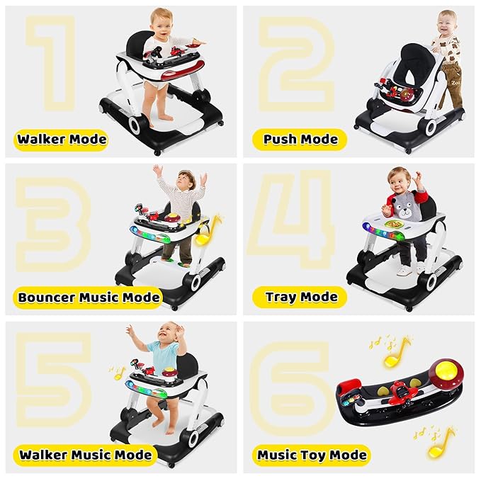 TODEFULL 6 in 1 Baby Walker, Baby Activity Walker for Toddler, Push Walker w/Adjustable Height Speed, Learning-Seated & Walk-Behind, Infant Walker w/Feeding Tray & Music Toys, Black