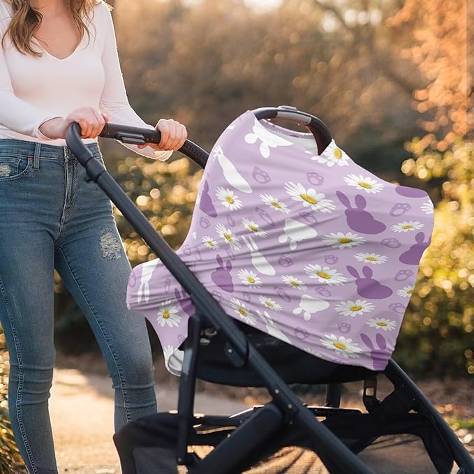 Wanyint Stretchy Baby Car Seat Covers Carseat Canopy Baby Breastfeeding Stroller High Chair Shopping Cart Cover Nursing Scarf Infant Stroller Cover, Easter Rabbit Paw Daisy Violet