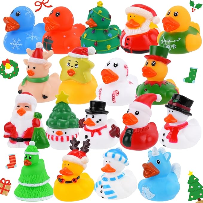 18pcs Christmas Mini Rubber Ducks Toys, Bath Duck Bulk Float Duck Baby Showers Accessories, Bath Toys for Kids Christmas Birthday Party Favors Gift Classroom Summer Beach Pool Party Games