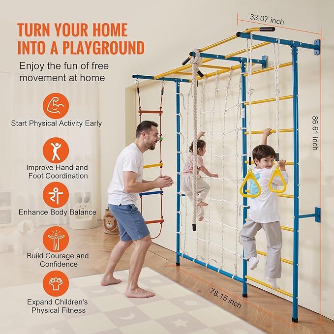VEVOR Indoor Jungle Gym for Toddlers, 7-in-1 Climbing Playset with Carbon Steel Swedish Ladder, Wall Ladder, Pull-Up Bar, Rope Ladder, and Gymnastic Rings, Supports 220 lbs, Multicolor