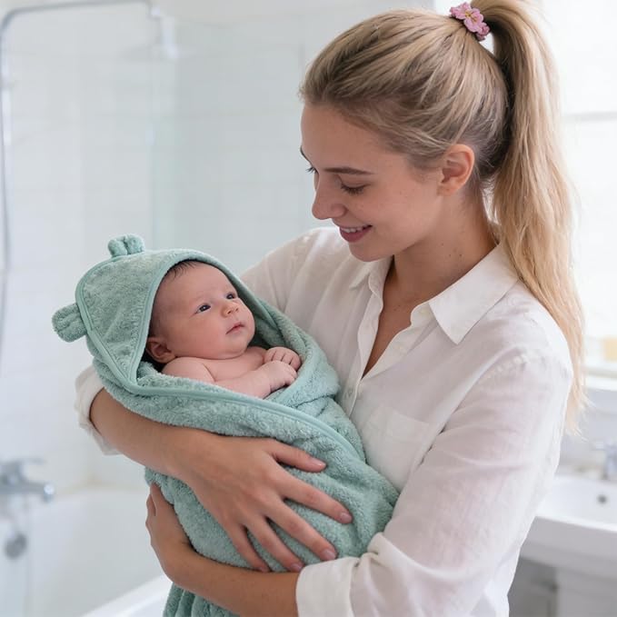 LifeTree 1 Pack Baby Hooded Towel with 1 Pack Washcloth for Newborn, 100% Cotton Bath Towel for Babies, Infant, Toddler and Kids, Thick,Soft and Absorbent, 30 * 30 Inches, Newborn Essentials, Green