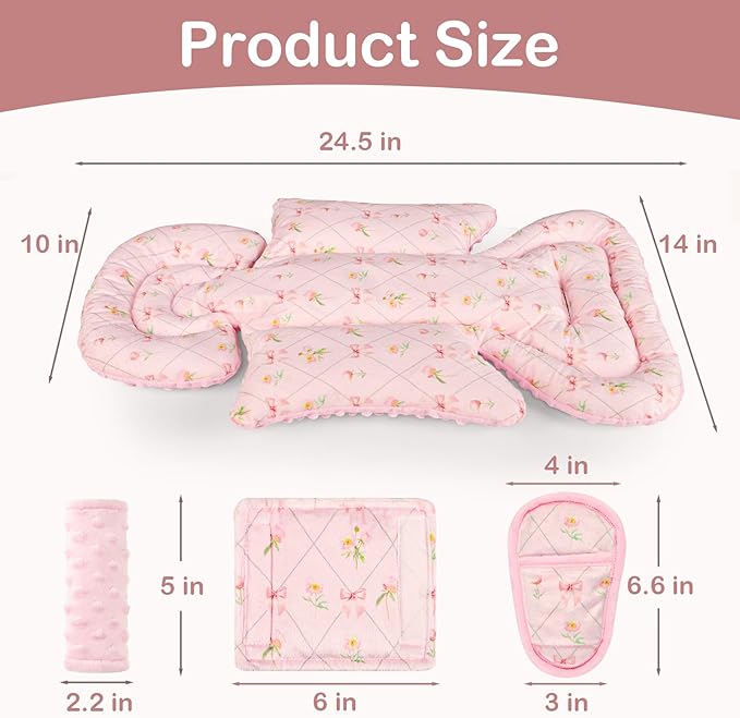 Infant Car Seat Insert with 3 Strap Covers, Soft Car Seat Head Support for Baby Girls, Plush Fabric Newborn Insert for carseat, Strollers, Swings, Bouncer, Flower Bow