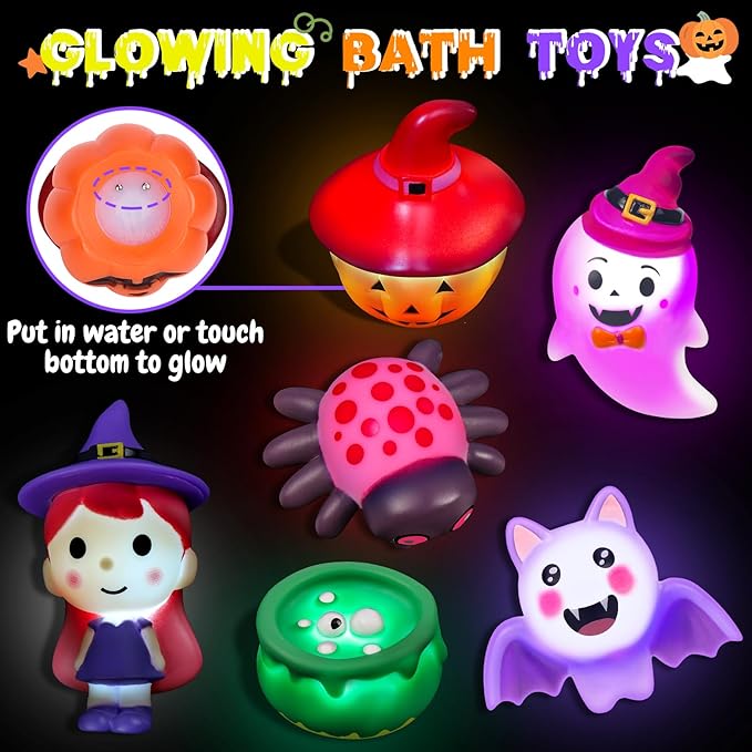 Halloween Light Up Bath Toys for Toddlers Kids, 7PCS No Hole Bath Toys with Magic Book, Witch,Cauldron,Bat, Ghost, Pumpkin, Spider, Halloween Party Favors Treat Bags Gift for Boys Girls Ages 3+