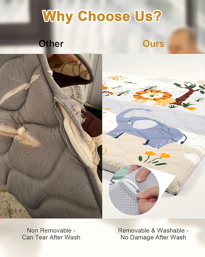 TINYHARBO Premium Foam Baby Play Mat 50x50, 4 Developmental Zones Play Mat with Removable & Machine Washable Cover, Extra Thick Padding Playpen Mat, Easy to Clean for Infants, Toddlers & Babies