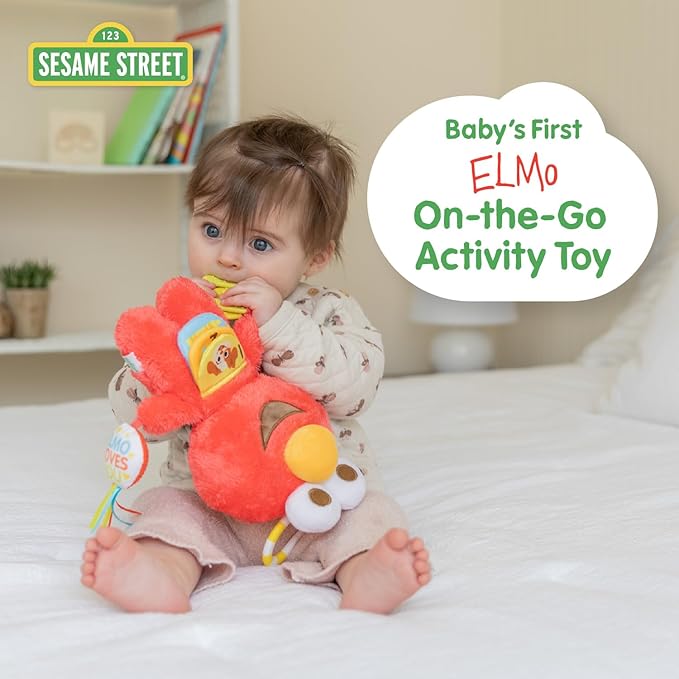 Kids Preferred Sesame Street Elmo Activity Toy with Teething Rings, Crinkle Sounds, and On The Go Clip for Babies and Infants