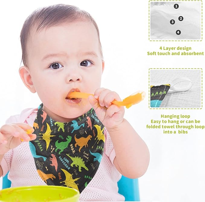 vvfelixl Baby Washcloths Cotton Colored Dino Dinosaurs Baby Muslin Washcloths Soft Baby Face Towel for Newborn Infants, 11.8 X 11.8 Inch, 5 Pack Black