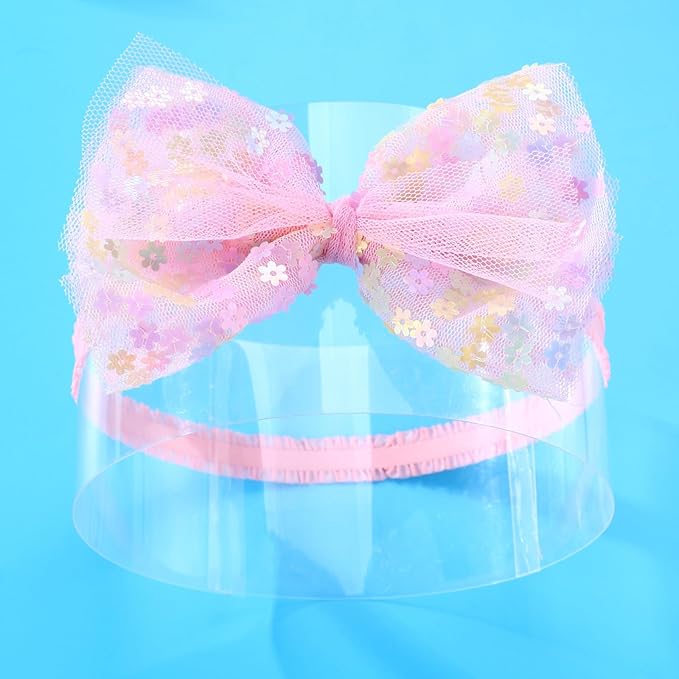 Bow Lace Headband for Baby Girls, Cute Bow Knot Hairband Pearl Elastic Headwrap for Newborn Infant Toddlers (Pink)