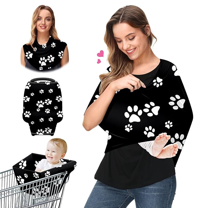 Baby Car Seat Stroller Covers Dog Paw Print Black Nursing Cover Breastfeeding Scarf Soft Breathable Stretchy Coverage Carseat Canopy Cover for Boys and Girls Soft Breathable Multi Use