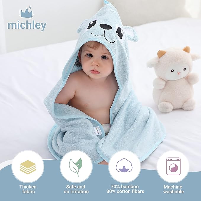 MICHLEY Bamboo Viscose Baby Hooded Bath Towel for Boys and Girls, 29.5 x 29.5 Inch Ultra-Soft and Quick-drying Infant Bath (Bear)