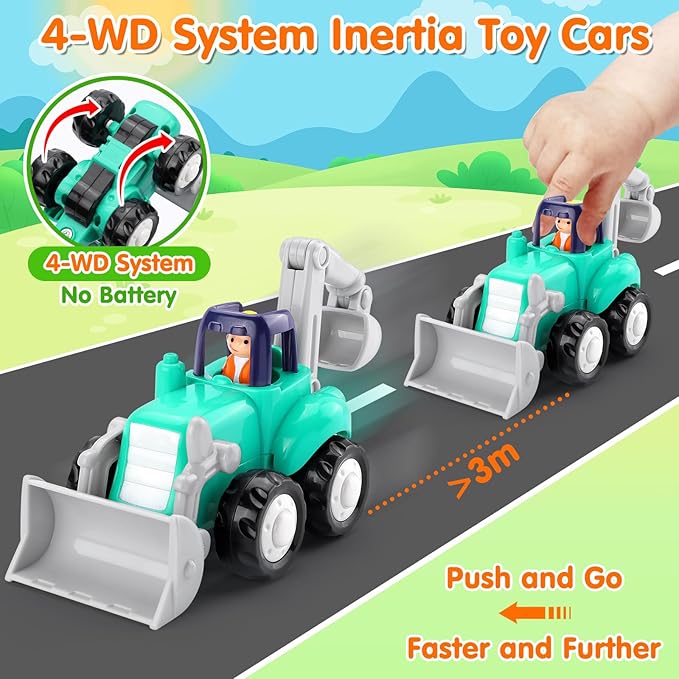 ORWINE Inertia Trucks Toy Cars, Early Educational Baby Boy Toys 18 Months, Push and Go Cars Gifts for Boys & Grils, 4PCS Construction Vehicles for Toddler Outdoor & Indoor