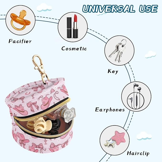 Western Cowboy Bow Pink Print Pacifier Holder Case for Diaper Bag Portable Travel Pacifier Storage Case with Clip Newborn Baby Pouch for Baby Boys Girls Purse Outdoor