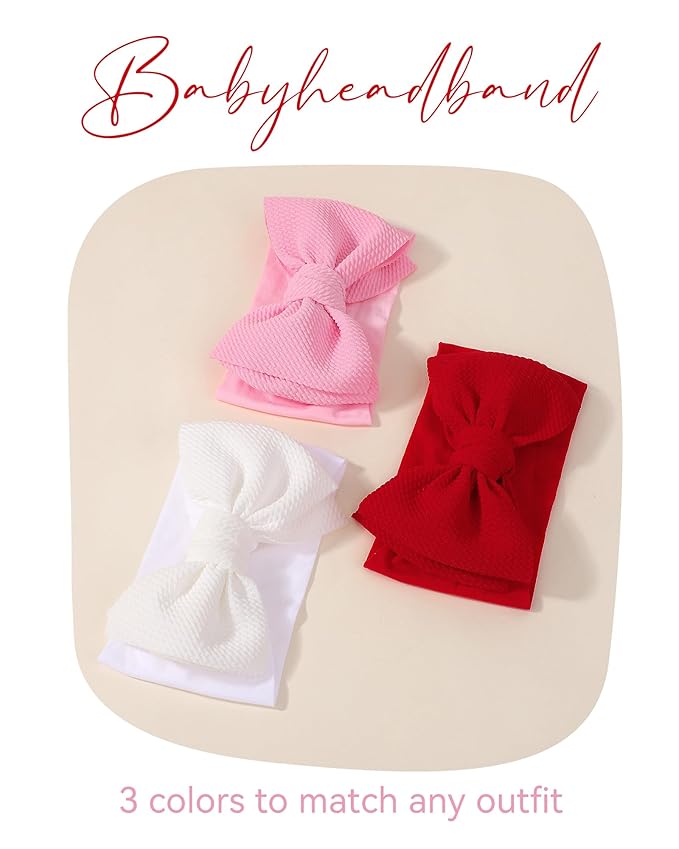 jollybows 3PCS Baby Bows Headbands Soft Nylon Baby Girl Headbands for Newborn Infant Toddler Kids Cute Bow Wide Hairbands Hair Accessories(White+Red+Pink)