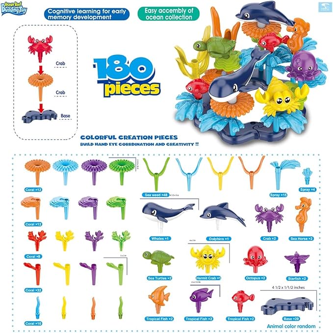Ocean Reef 125 pcs Building Toy Set for Toddlers and Kids Age 3, 4, 5, 6 Year Old Boys and Girls Stacking Reef Garden Building Toy STEM (125 pcs)