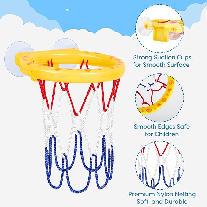 Bath Toys, Bathtub Basketball Hoop for Kids Toddlers, Bath Shower Toys for Kids, Strong Suction Cup Basketball Hoop & 3 Soft No-Hole Balls Set for Toddlers, Boys and Girls